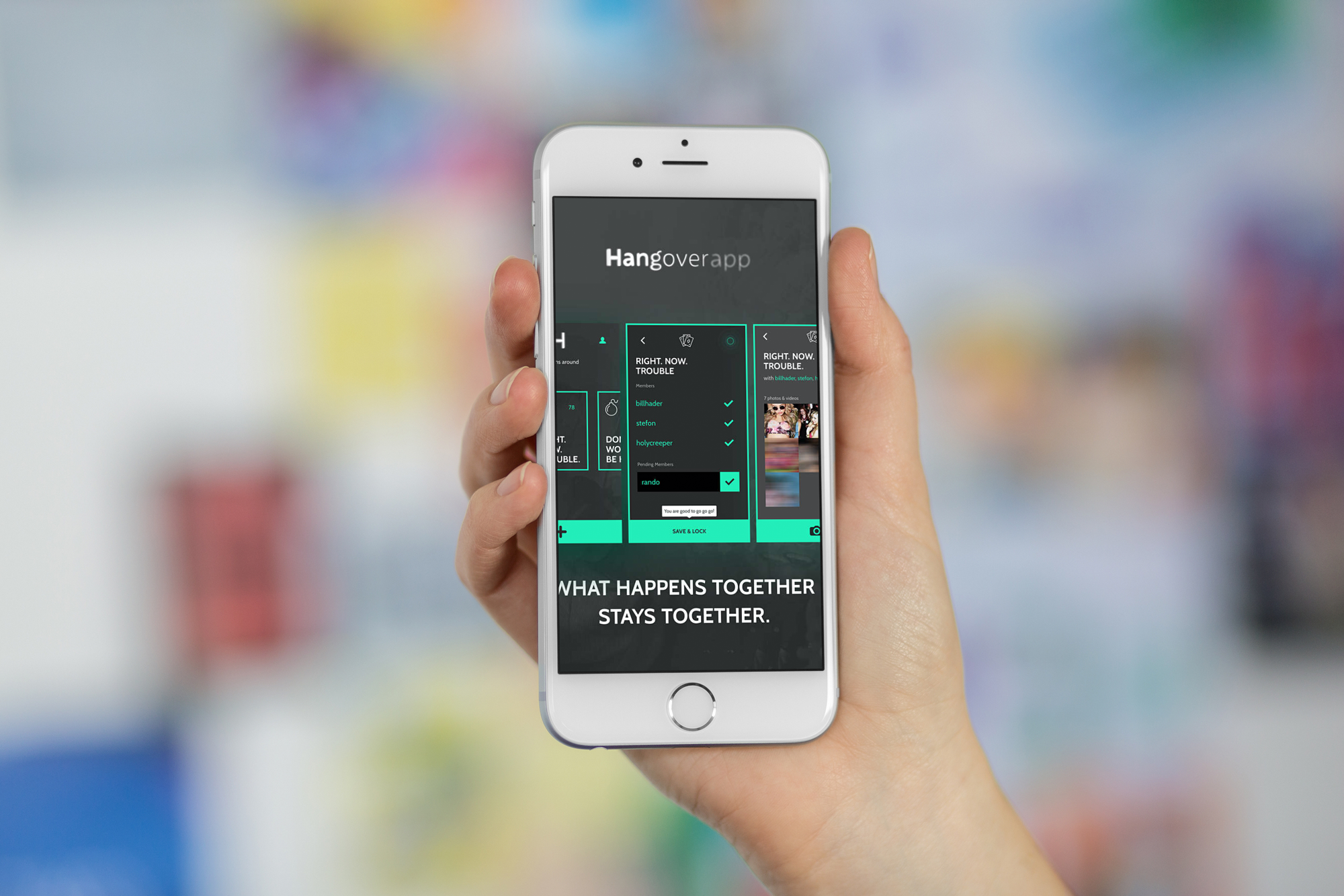 Impression of the Hangover application with horizontally sliding, cards with a bright greenish thick border, against a black background.
