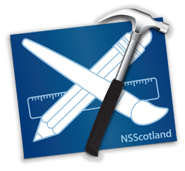 Artistic impression combining the scottish flag with the Xcode logo. Representing a blue background, hammer, a painting brush and a pencil.
